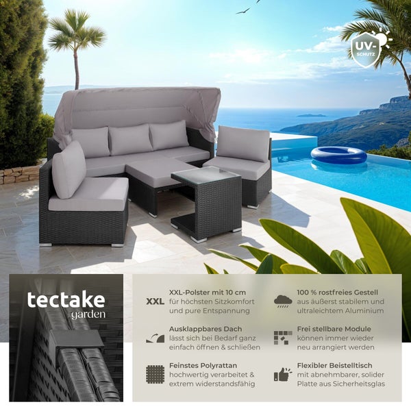 Polyrattan Garten-Lounge-Set mit aufklappbarem Dach, Beistelltisch und UV-Schutz an einem hellen Poolbereich mit Meerblick. tectake garden Logo.