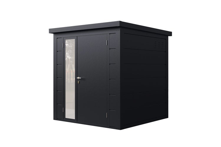 Modernes Gartenhaus aus Metall mit Flachdach, Einzeltür und schmalem Glaseinsatz.
