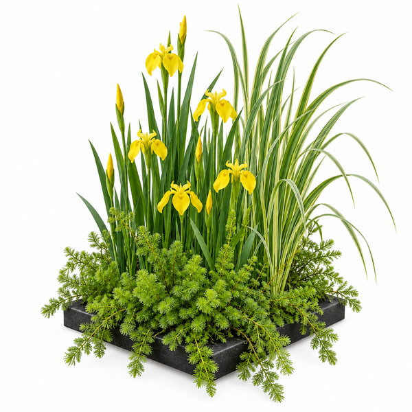 Bepflanzung mit gelben Schwertlilien, Ziergras und Farn in einer quadratischen Pflanzschale für den Garten oder Balkon.