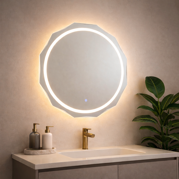 Moderner LED-Badspiegel, rund mit facettiertem Rand, integrierte Beleuchtung und Touch-Sensor, über einem Waschbecken mit goldener Armatur.