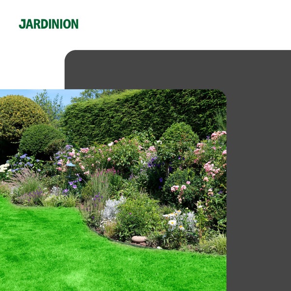 Eine Gartenansicht mit Blumenbeet und Rasenfläche