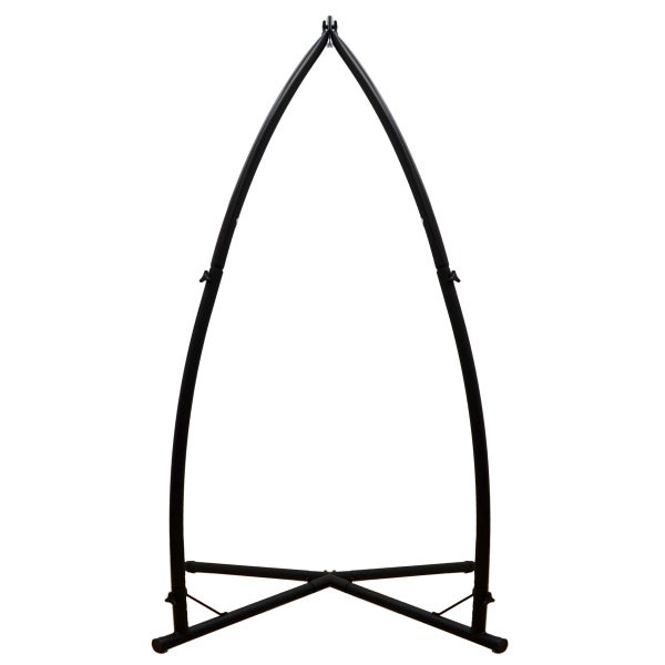 Schwarzes Metallgestell für Hängesessel, bogenförmiges Design mit Kreuzfuß.