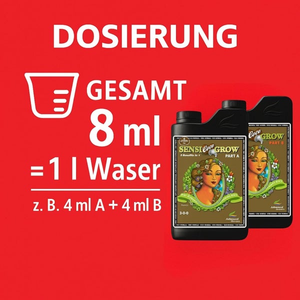 Dosierung Advanced Nutrients Sensi Coco Grow: 8 Milliliter auf 1 Liter Wasser, zum Beispiel 4 Milliliter Teil A und 4 Milliliter Teil B.