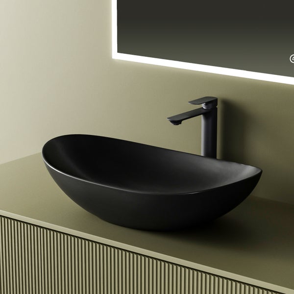 EMKE Aufsatzwaschbecken 615 × 360 mm, Oval, Keramik Waschbecken ohne Hahnloch, für hohe Armaturen, für Badezimmer, Matt Schwarz, Höhe: 155 mm, Modernes Design, Kratzfest, Fleckenresistent, Pflegeleicht
