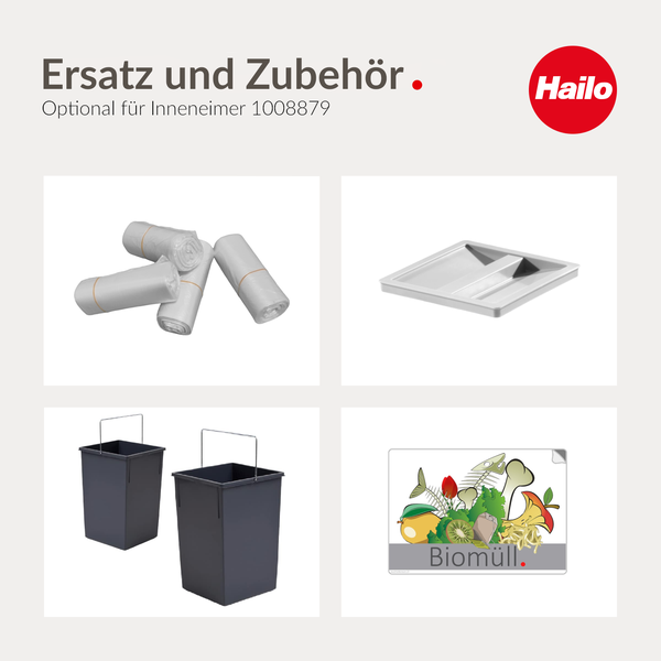 Hailo Logo, Zubehör für Inneneimer 1008879: Müllbeutelrollen, Kunststoffdeckel, zwei Inneneimer und Aufkleber für Biomüll.