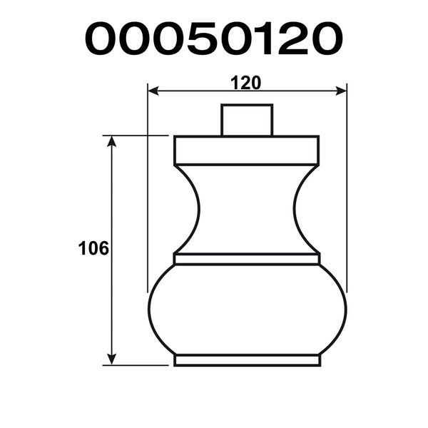 Technische Zeichnung eines Möbelfußes mit den Maßen 120 mal 106 Millimeter.