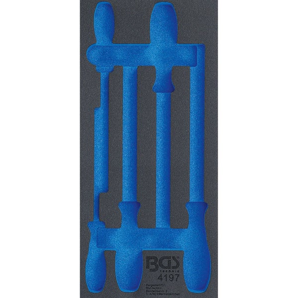 Blaue Werkzeugwageneinlage aus Schaumstoff für ein vierteiliges Feilenset, BGS technic Logo.