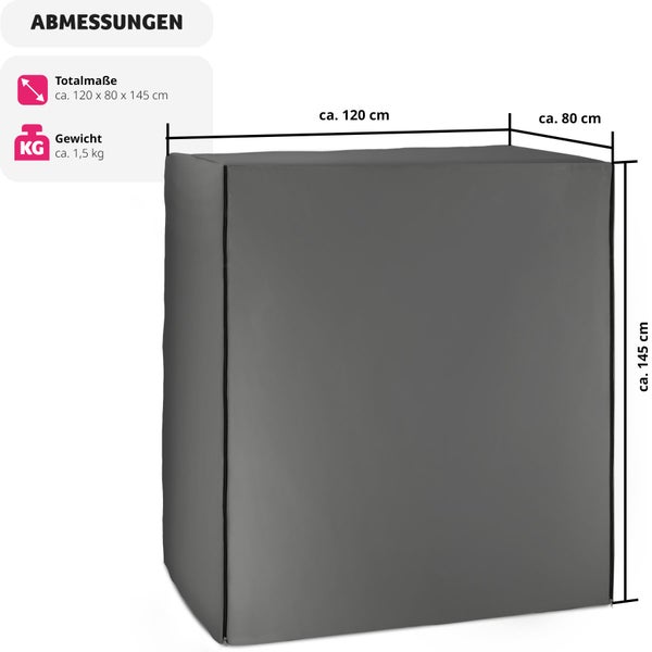 Abmessungen einer rechteckigen Abdeckung mit den Maßen 120 x 80 x 145 Zentimeter und einem Gewicht von 1,5 Kilogramm.
