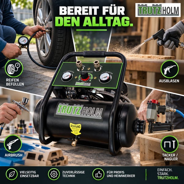 Trutzholm Kompressor für verschiedene Anwendungen mit Zubehörbeispielen wie Reifen füllen, Ausblasen, Airbrush und Tacker.