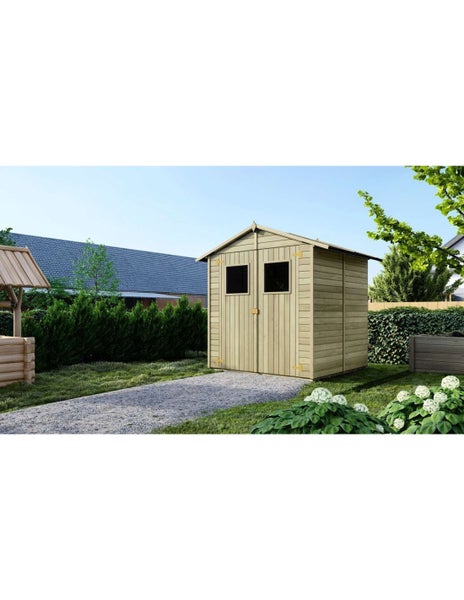 Klassisches Gartenhaus aus Holz mit Doppeltür, zwei Fenstern und Satteldach in einem hellen, gepflegten Garten.