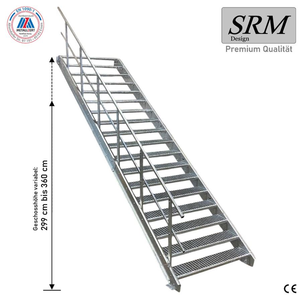 Feuerverzinkte Stahltreppe mit Geländer und Gitterroststufen, 299 bis 360 Zentimeter Geschosshöhe. SRM Design Logo, EN 1090-1 und CE-Zeichen.