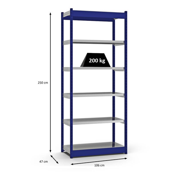 PROREGAL Fachbodenregal Stecksystem Vierkant-Profil Grundregal HxBxT 250 x 102,5 x 40 cm 6 Ebenen Einseitige Bauart Fachlast 200 kg Enzianblau