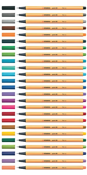 Stabilo point 88 Fineliner-Set, orangefarbener sechseckiger Schaft, Strichstärke 0,4 Millimeter, Stabilo Logo, verschiedene Farben.