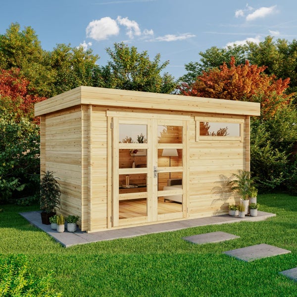 Gartenhaus Leandro-28 mit Fußboden aus Holz, Gerätehaus 394x268, 8,64 m², 28 mm Wandstärke - Naturbelassen