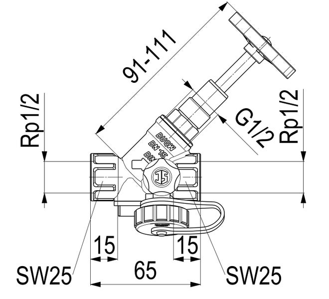 Technische Zeichnung eines Unterputzventils DN 15 mit Rp 1/2 Anschlussgewinde und Maßen für die Installation.