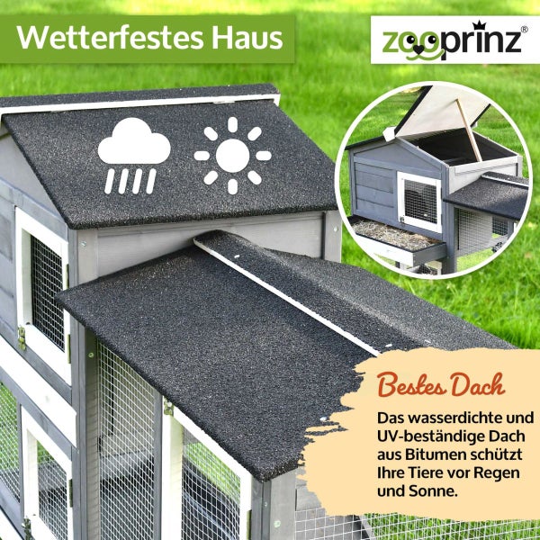 Grau-weißes Kleintierhaus mit wasserdichtem, ultraviolettbeständigem Bitumendach zum Schutz vor Regen und Sonne, zooprinz Logo.