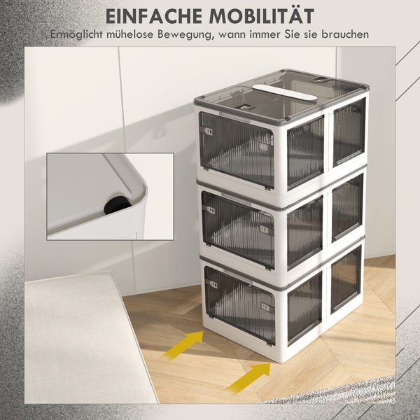 HOMCOM Aufbewahrungsbox, 69L, stapelbar, mit Rollen, faltbar, 5-seitiger Zugang, 60L x 42B x 34H cm, Kunststoff, Weiß