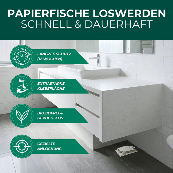 Papierfischfalle zur schnellen und dauerhaften Bekämpfung mit Langzeitschutz, extra starker Klebefläche, biozidfrei, geruchlos und gezielter Anlockung