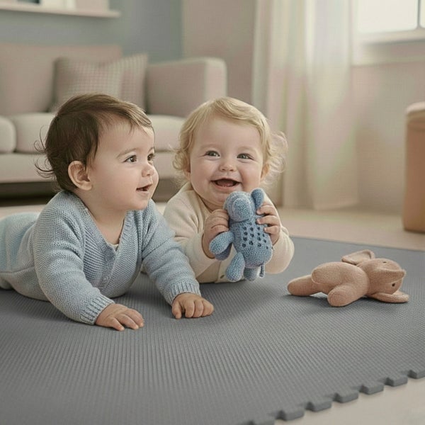 Zwei Babys liegen auf einer Spielmatte mit Spielzeug