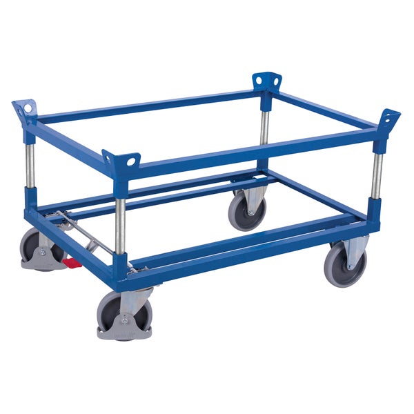 Blauer Transportrahmen aus Stahl mit vier Lenkrollen und zwei Ebenen.