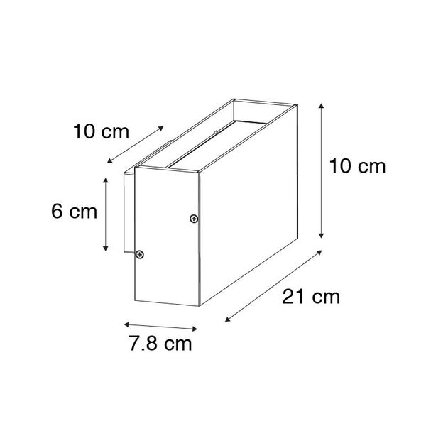 Technische Zeichnung einer Wandleuchte mit Maßen: Höhe 10 Zentimeter, Breite 7,8 Zentimeter, Länge 21 Zentimeter.