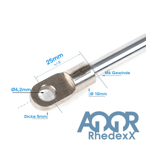 Metall-Verlängerung M6, Ringöse 6,2 Millimeter, Dicke 5 Millimeter, Länge circa 25 Millimeter, Durchmesser 10 Millimeter, AQOR Rhedexx Logo.