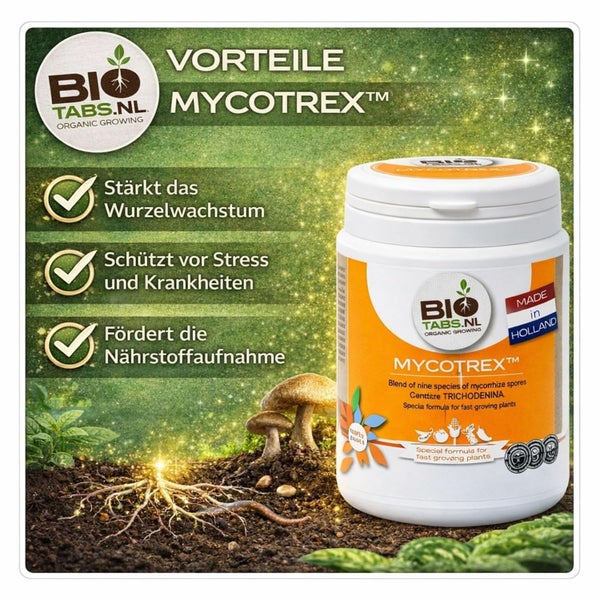 BioTabs Mycotrex Bodenverbesserer in weißer Dose: stärkt Wurzelwachstum, schützt vor Stress und Krankheiten, fördert Nährstoffaufnahme.