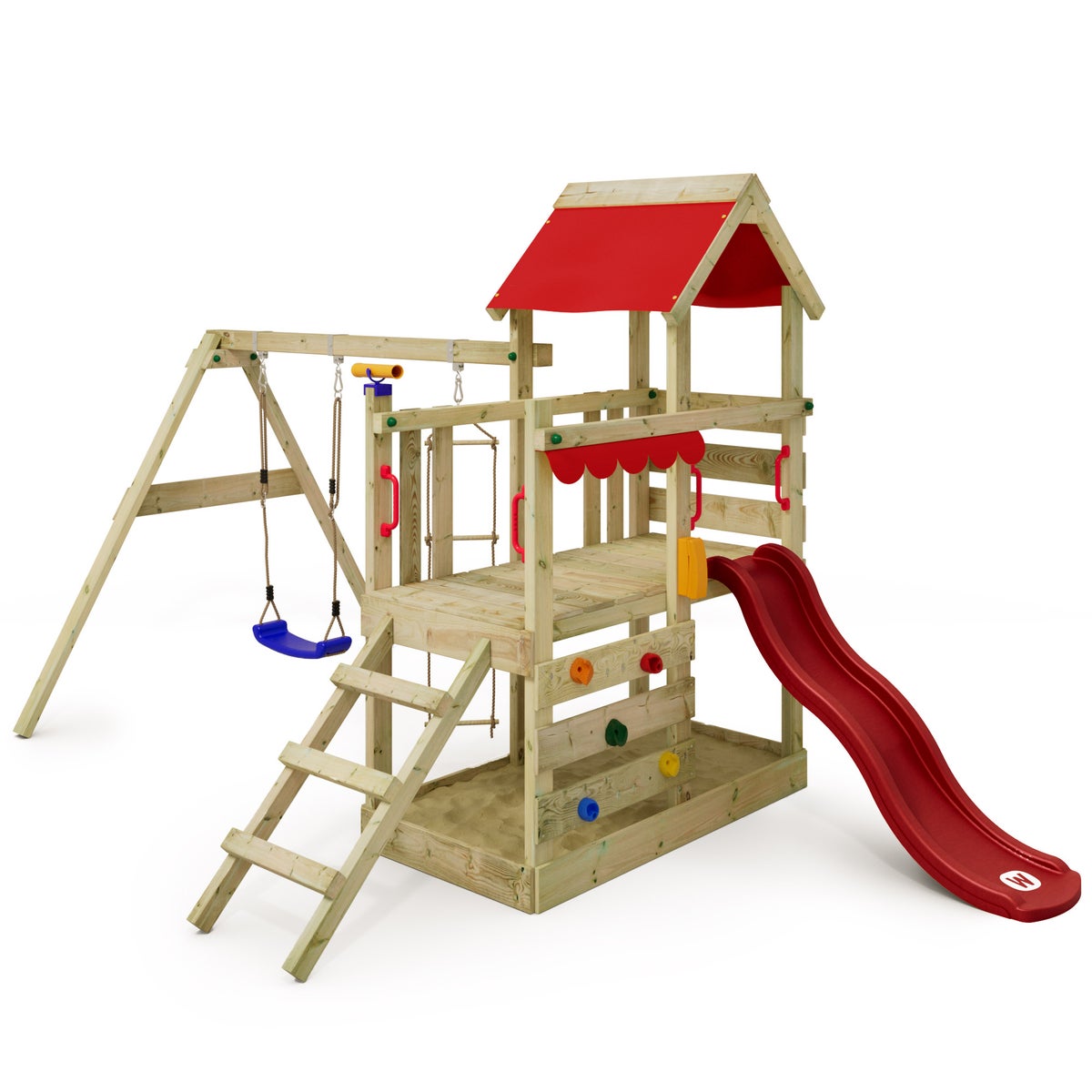 WICKEY Spielturm Klettergerüst TurboFlyer mit Schaukel und Rutsche, Kletterturm mit Sandkasten, Leiter und Spiel-Zubehör - rot