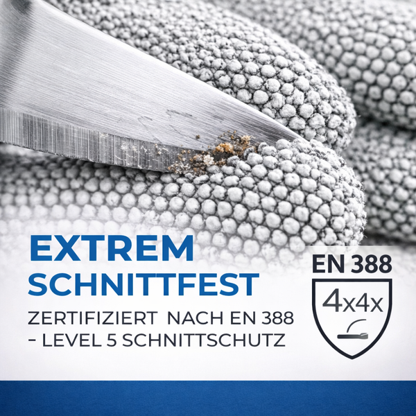 Nahaufnahme einer Metallklinge auf einem strukturierten Arbeitshandschuh mit zertifiziertem Schnittschutz nach EN 388 Level 5.