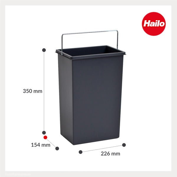 Hailo Abfalleimer aus Kunststoff in Anthrazit mit Metallbügel, Höhe 350 Millimeter, Breite 226 Millimeter, Tiefe 154 Millimeter. Hailo Logo.