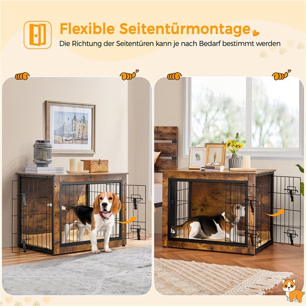 Hundebox aus Holz und Metall mit seitlicher Tür und Hund