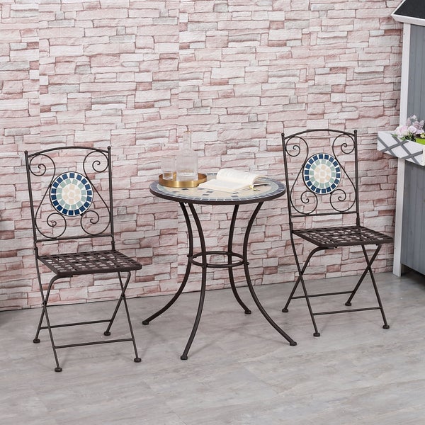 Outsunny 3tlg. Gartenmöbel-Set, inkl. 1 Tisch, 2 klappbaren Stühlen mit Mosaiksteinen, 61L x 61B x 71,5H cm, Metall, Blau+Grün+Gelb