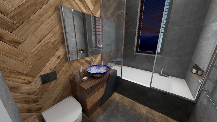 Helles Badezimmer mit Holzwand, Waschtisch mit Waschbecken, Badewanne und Fenster