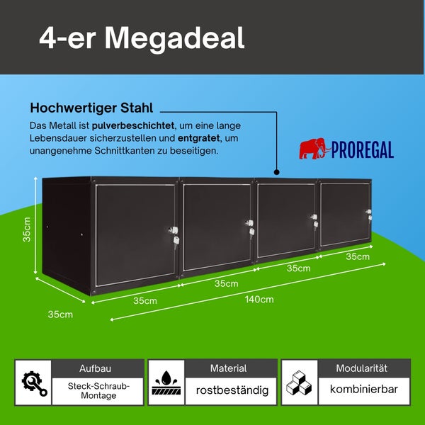 Vier abschließbare, kombinierbare Würfelregale von ProRegal, pulverbeschichteter Stahl, rostbeständig, 35 mal 35 mal 35 Zentimeter. ProRegal Logo.