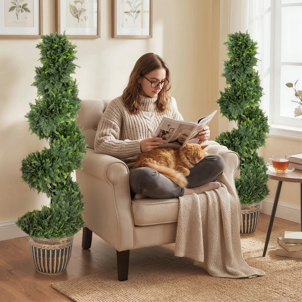 Eine junge Frau sitzt in einem Sessel und liest eine Zeitschrift, während eine Katze auf ihrem Schoß schläft, flankiert von zwei Spiralbäumen.