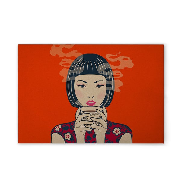 Illustration einer Frau, die eine Tasse hält, auf Leinwand