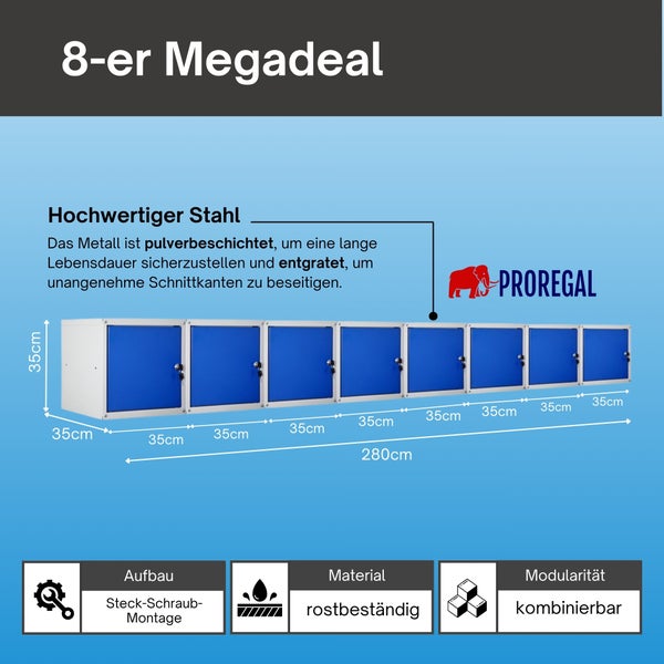 ProRegal Set aus acht Schränken aus hochwertigem Stahl, pulverbeschichtet, rostbeständig und modular. Breite 280 Zentimeter. ProRegal Logo.