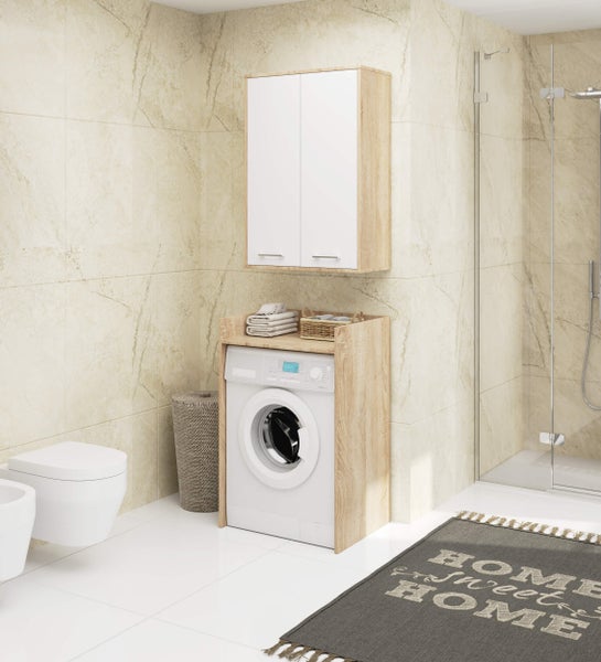 Modernes Badezimmer mit Waschmaschine, Waschbecken, Toilette, Duschkabine und Badezimmermöbeln.