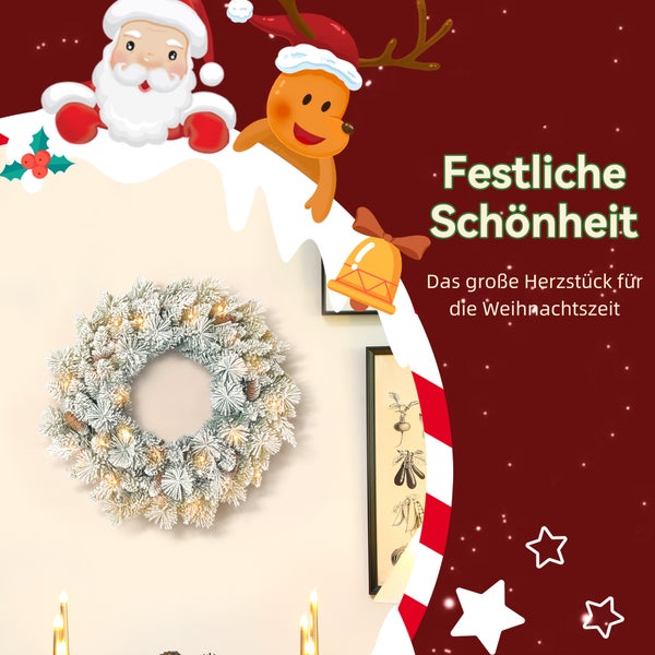 Weihnachtskranz mit künstlichem Schnee und Beleuchtung an einer Wand, umrahmt von weihnachtlichen Grafiken.