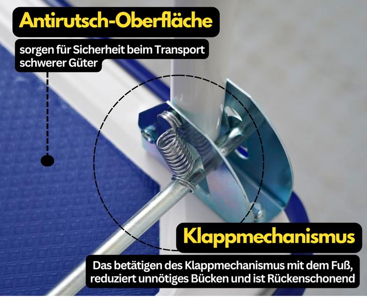 PROREGAL Faltbarer Transportwagen RHINO HxBxT 87 x 90 x 60 cm Tragkraft 300 kg TPE-Bereifung Rad-Ø 12,7 cm Blau-Grau