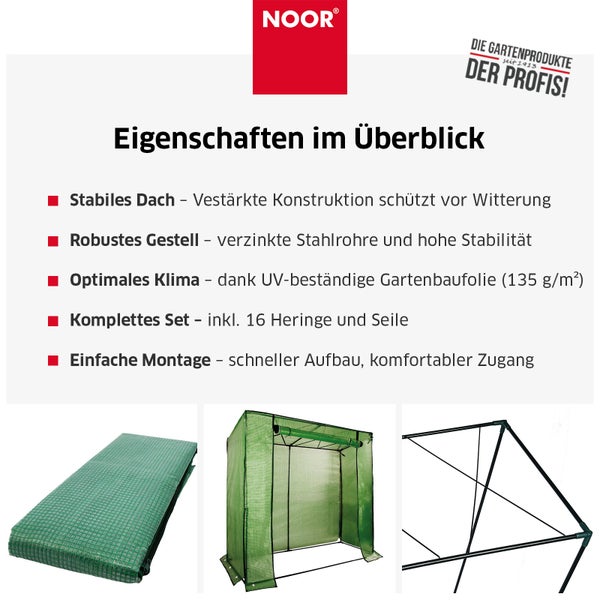 Produktübersicht eines Noor Folien-Gewächshauses mit Informationen zu Konstruktion, Folie, Lieferumfang und Montage.