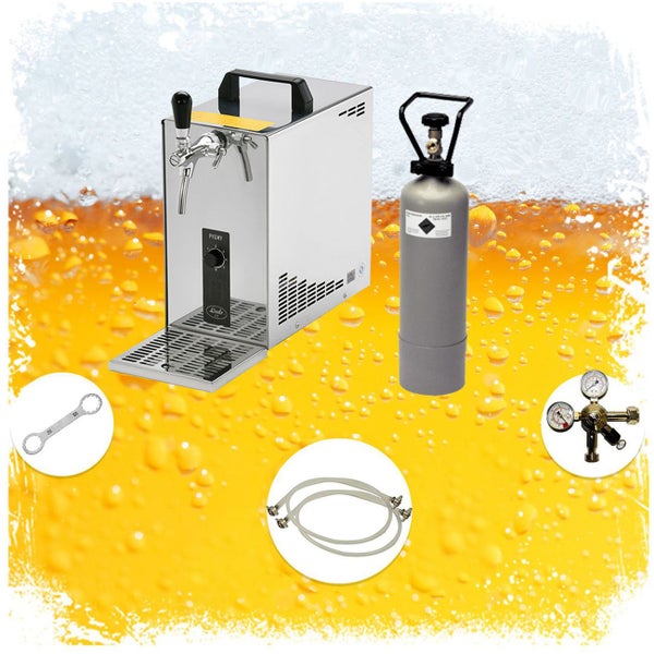 Zapfanlage mit Kohlensäureflasche, Druckminderer, Bierschlauch und Schraubenschlüssel