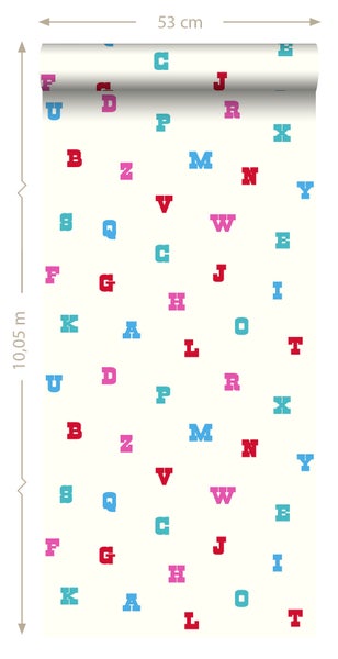Tapetenrolle mit bunten Buchstaben, 53 cm breit und 10,05 m lang