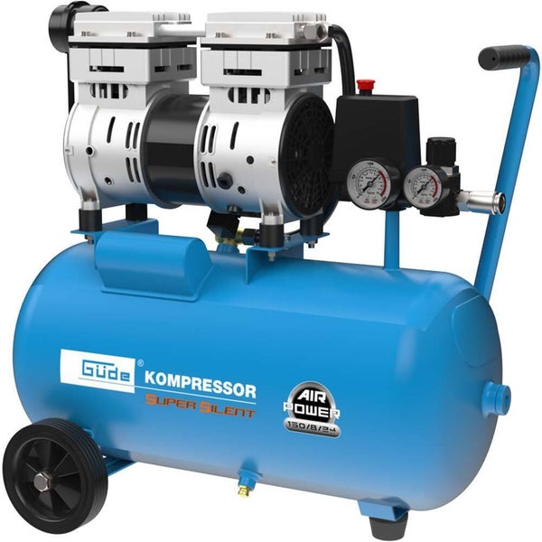 Guede Kompressor Super Silent 150 8 24 mit zwei Zylindern und einem 24 Liter Kessel fuer Druckluftarbeiten in der Werkstatt.