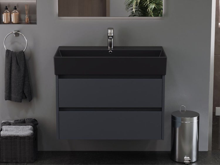 Aqua Bagno Basic Plan Waschbecken 10.16.30.06.04 – 80 x 45 cm – Schwarz Matt – Keramikbecken mit Hahnloch & Überlauf