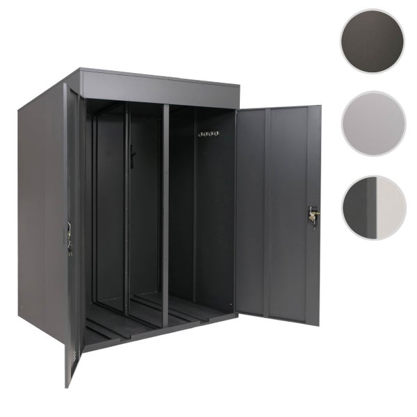 Metall-Geräteschrank für Garten oder Terrasse, zweitürig mit abschließbaren Griffen und Belüftungsschlitzen.