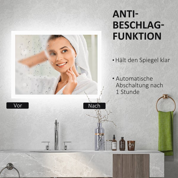 kleankin Badspiegel, Badezimmerspiegel mit LED-Beleuchtung, Lichtspiegel mit Touchschalter, Memory-Funktion, 80 x 60 cm beschlagfreier Wandspiegel mit 3 Lichtfarben, IP44 Wasserdicht