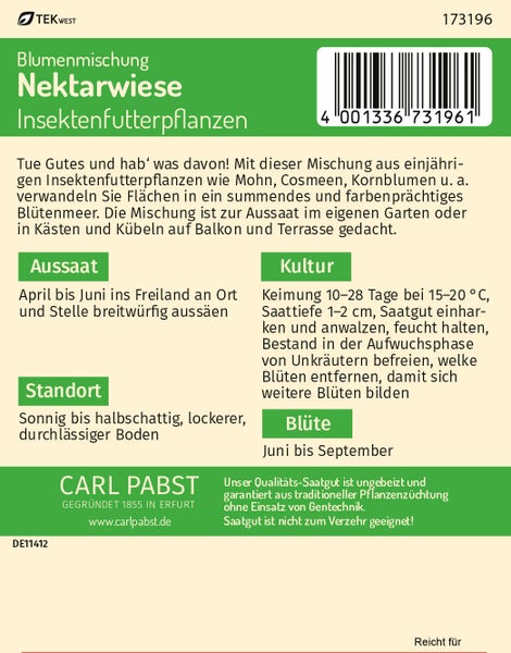 Rückseite der Insektenfutter-Samenmischung Nektarwiese mit Aussaat- und Pflegehinweisen. TEKWEST Logo und Carl Pabst Logo.