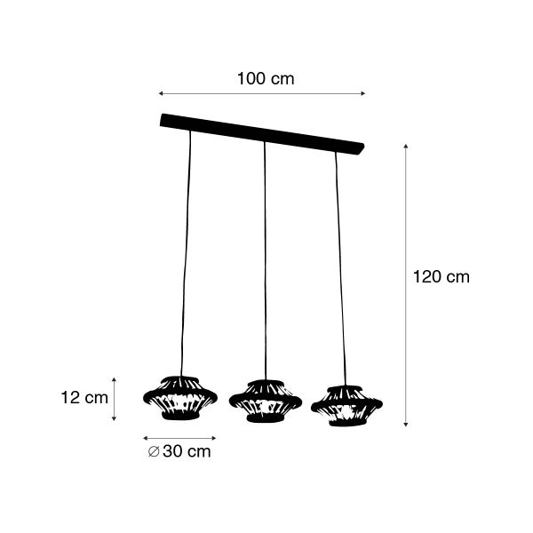 Abmessungen der Hängeleuchte mit drei Lampen, 100 cm breit und 120 cm hoch