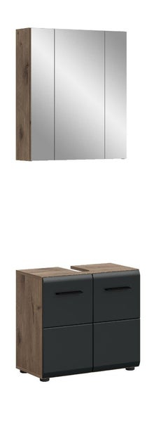 Badezimmer-Set bestehend aus dreitürigem Spiegelschrank und Waschbeckenunterschrank in Eiche-Optik und Anthrazit mit schwarzen Griffen.